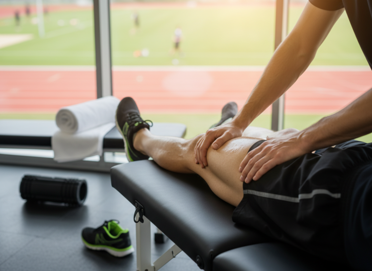 Massagem desportiva na perna de um atleta